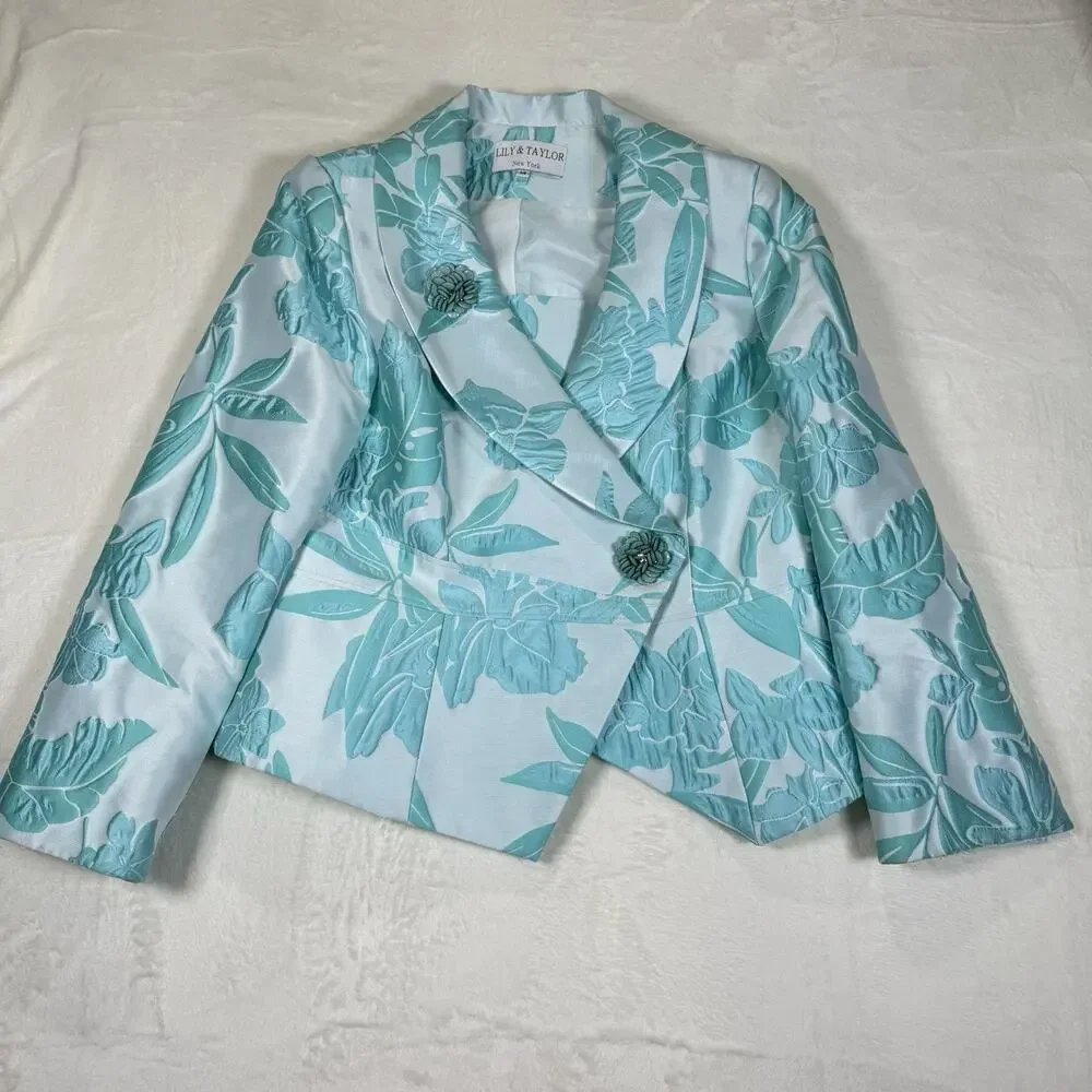 Lily & Taylor Couture Blue Jacquard Floral 2 Piece Skirt Suit Set Womens Size 14 - Picture 2 of 15